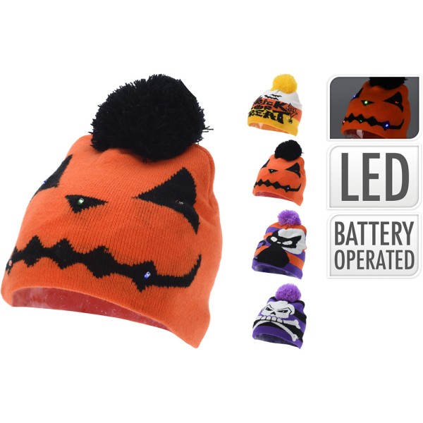 Gorro halloween con luz led, multicolor, 6 led, a pilas, 4 modelos