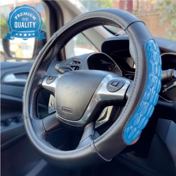 Volante Coche Universal Modelo Blue Gel Color Negro Azul Poli Piel 37-39 cm con Gel Antideslizante Transpirable